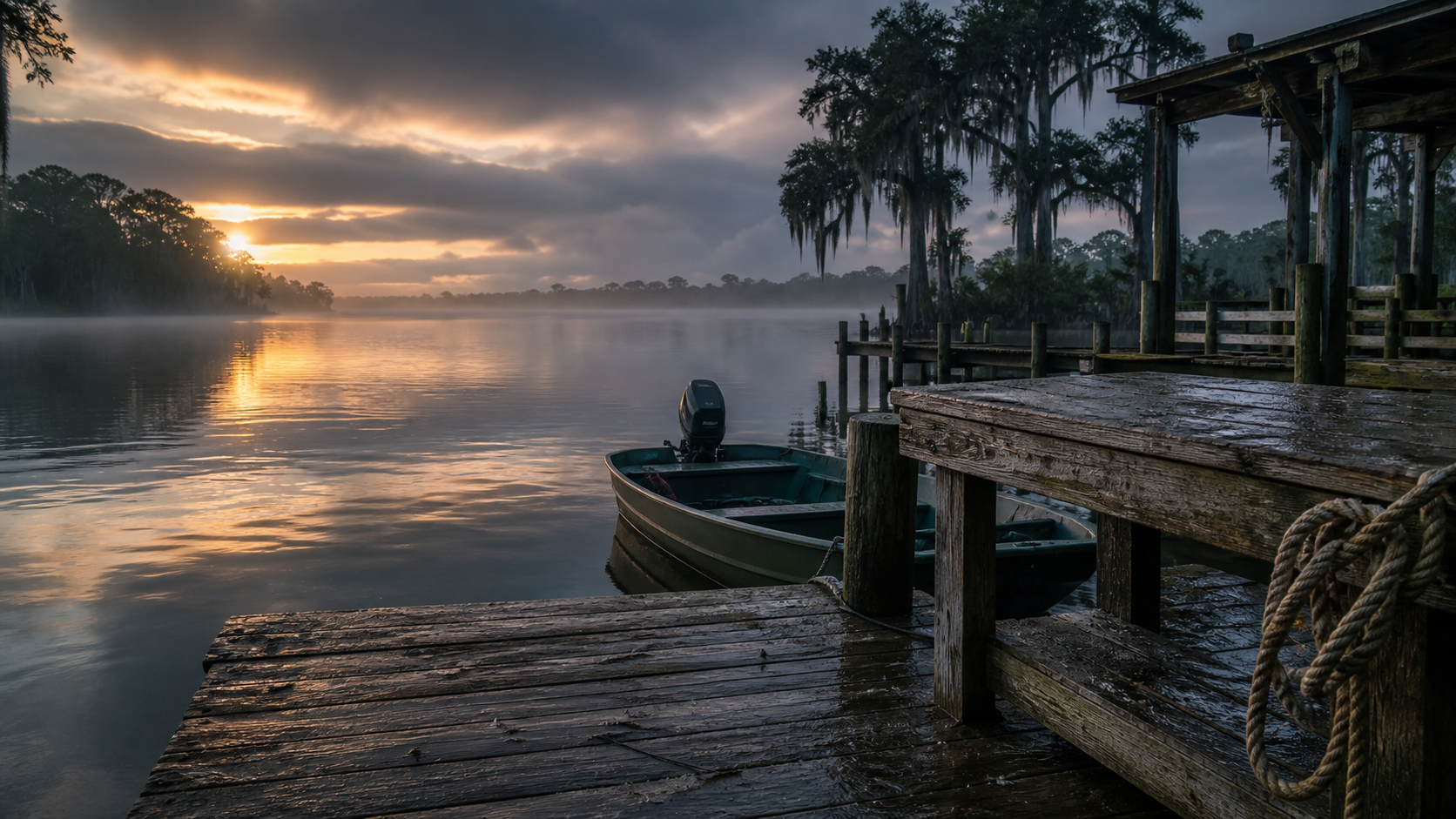 A quiet Southern fishing dock at first light