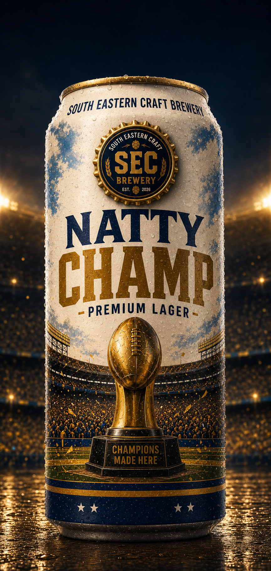 Natty Champ flagship can with the exact official SEC Brewery beer-top seal